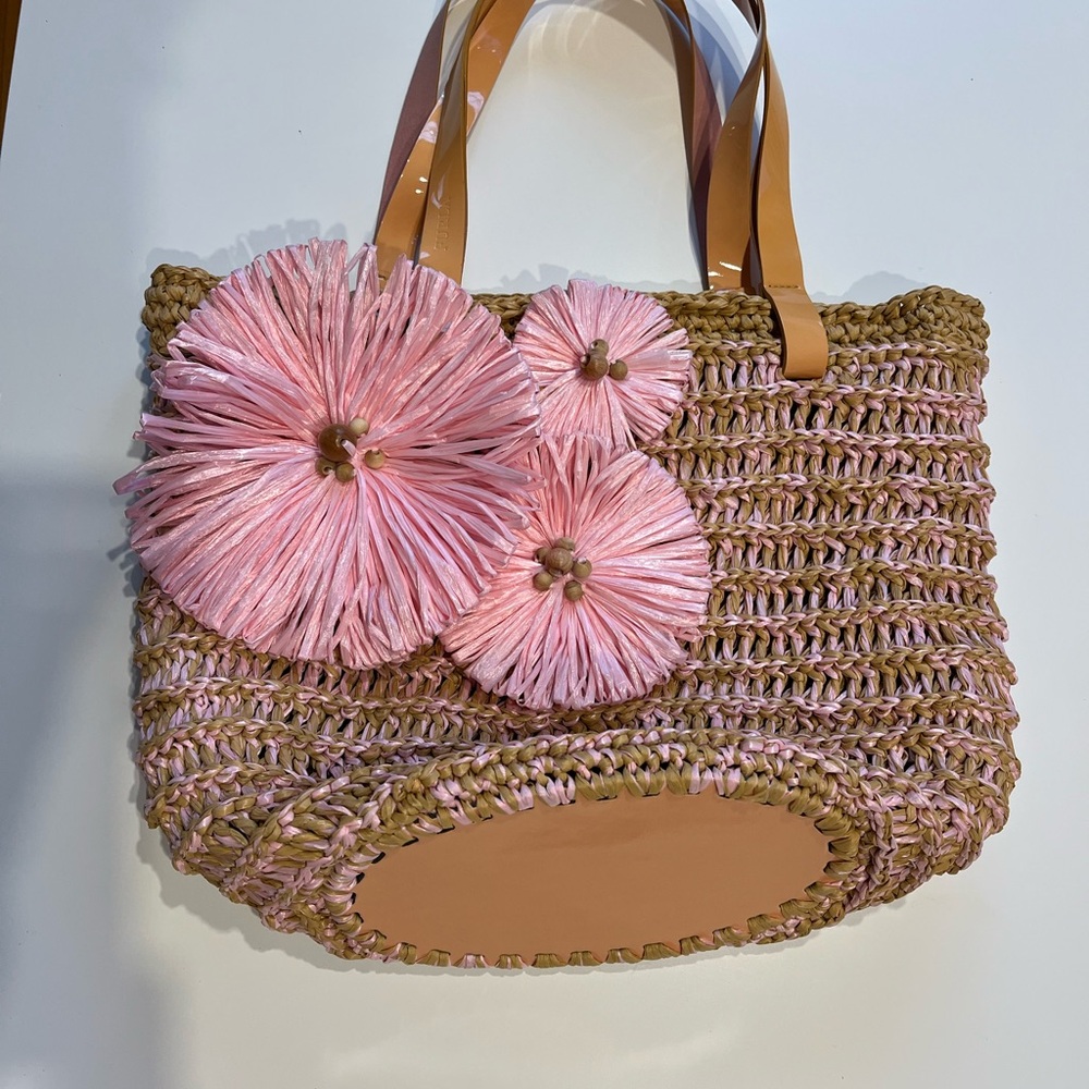 FURLA Pink and Tan Woven Tote Bag
